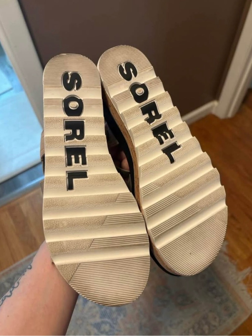 Sorel Beige Strappy Cork-Style Platform Wedge Sandal - Picture 3 of 4